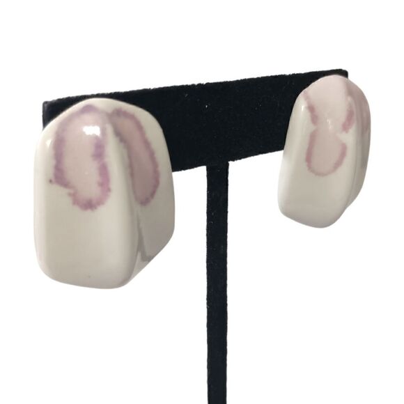 Vintage 80s Ceramic Earrings Geometric Retro Purple Lilac White Disco Pierced. - Picture 9 of 15
